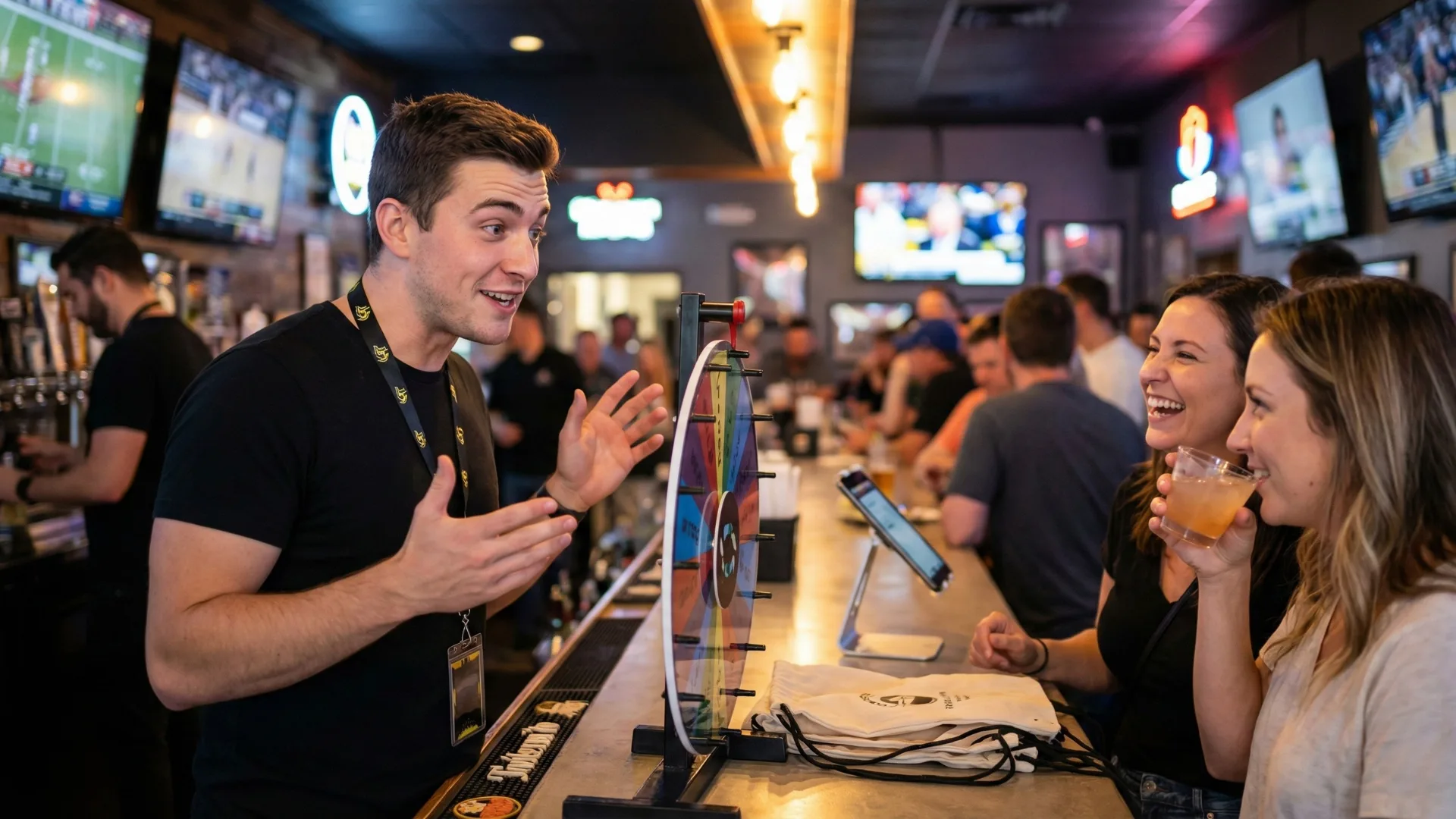 Ambassador walking through a busy sports bar during game night